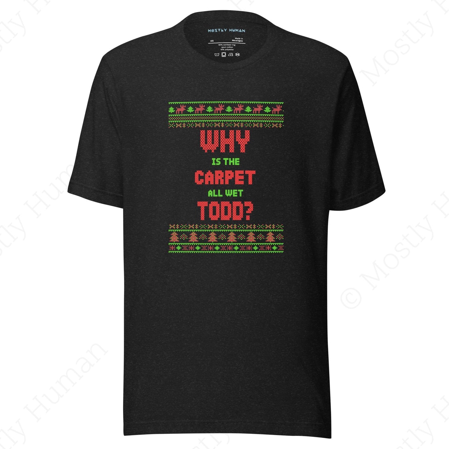 Why is the Carpet All Wet Todd? T-shirt | Black Heather Unisex | Mostly Human