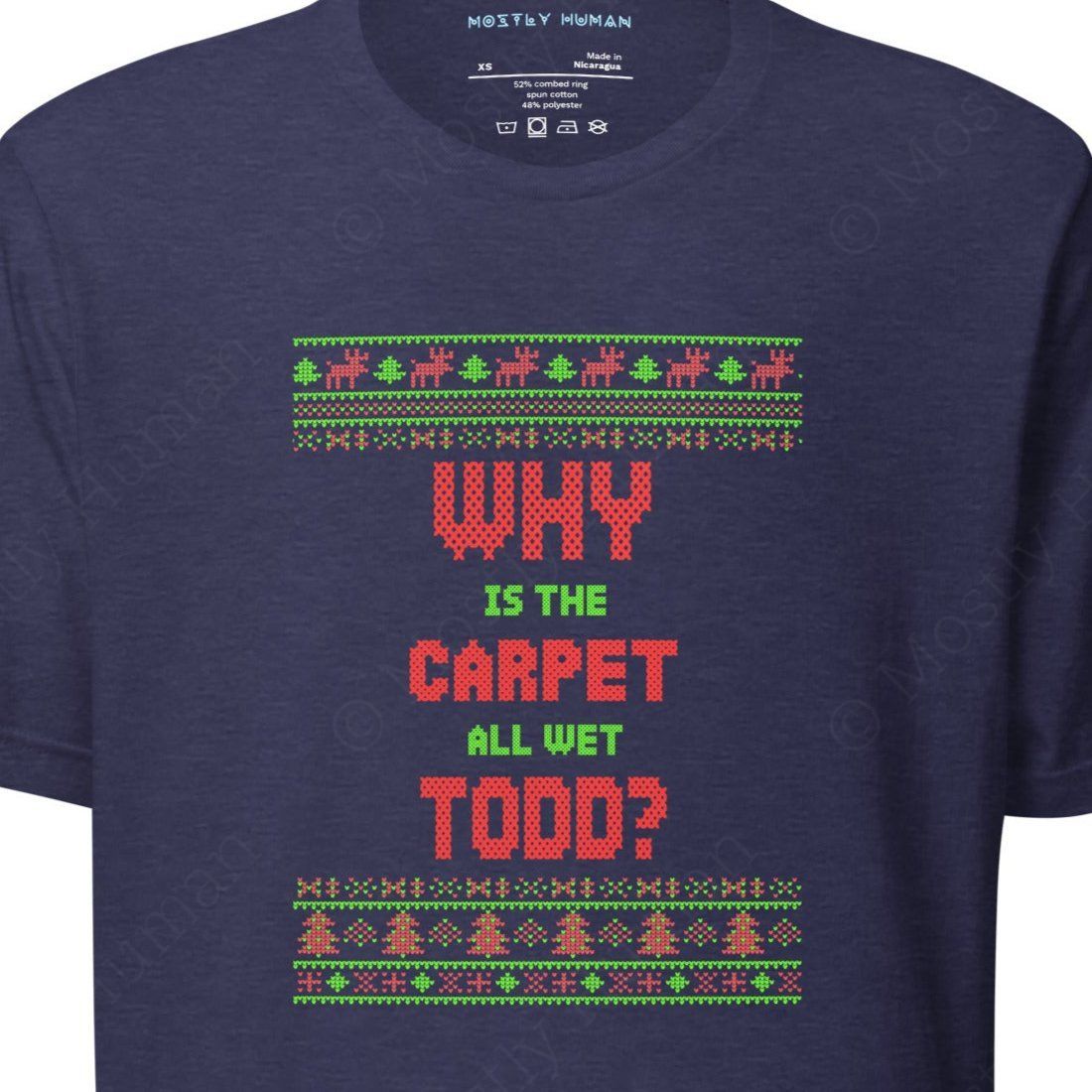 Why is the Carpet All Wet Todd? T-shirt | Heather Midnight Navy Unisex | Mostly Human